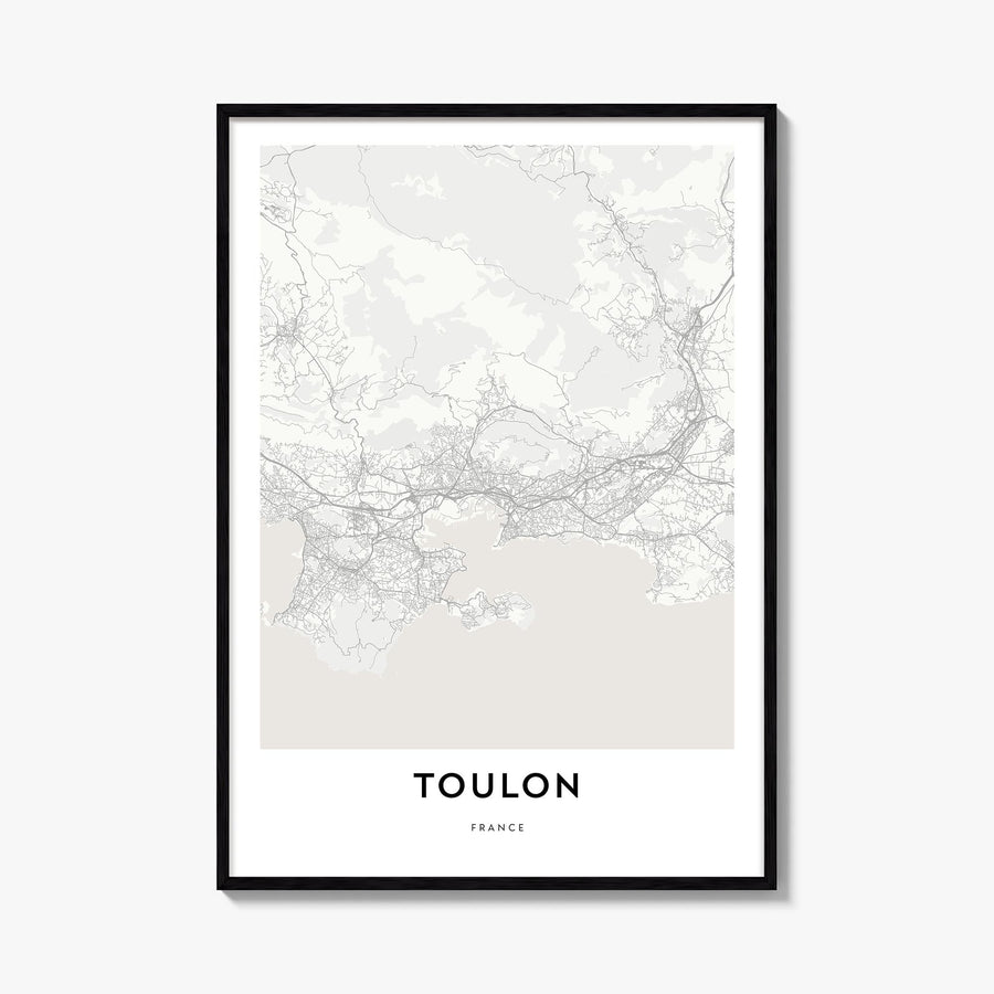 Toulon black & white map poster of France – vertical wall art, unframed print shown in interior mockup