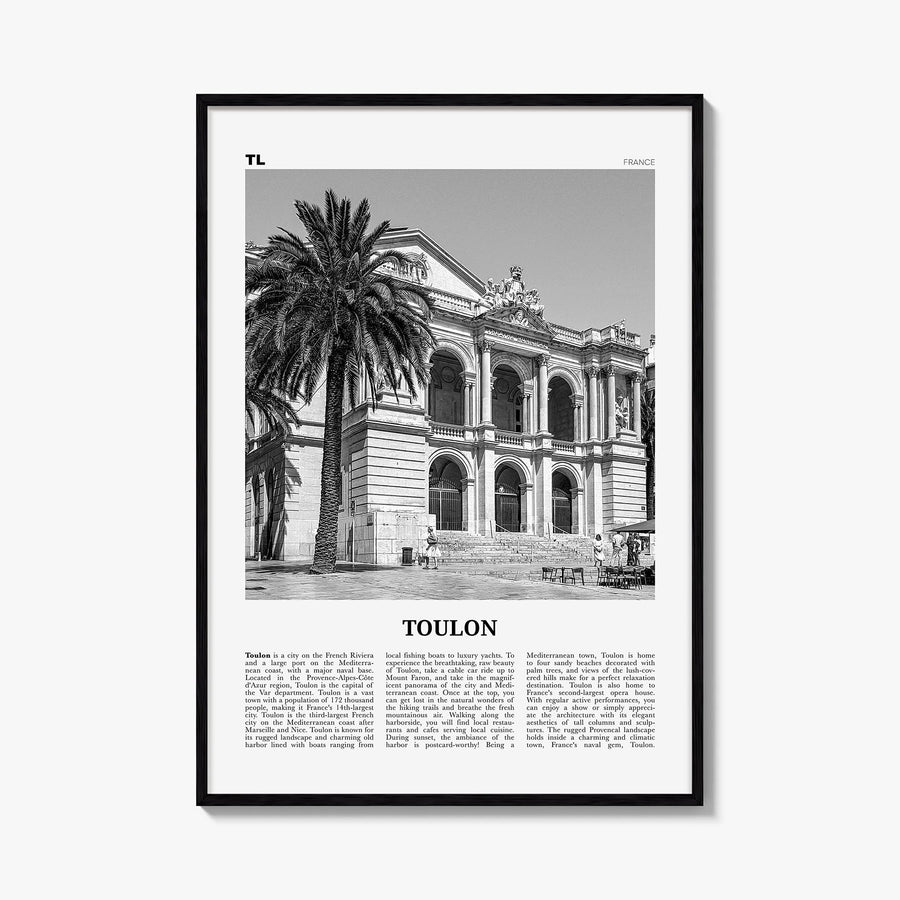 Toulon black & white newspaper poster of France – vertical wall art, unframed print shown in interior mockup