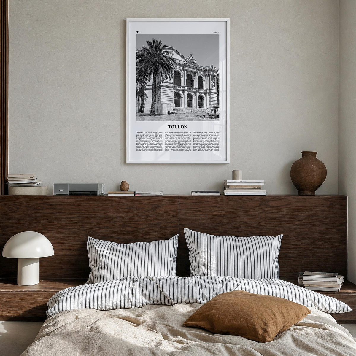 Toulon black & white newspaper poster of France – vertical wall art in white wood frame, hanging on wall