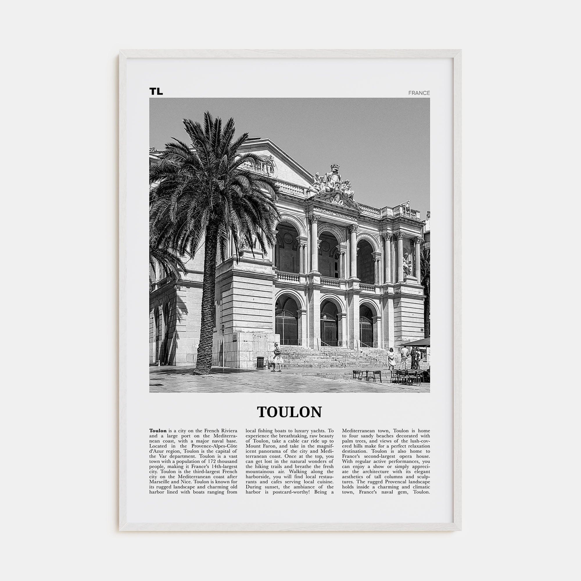 Toulon Poster White Wood / 8x12 in Nbourhood Travel B&W Poster