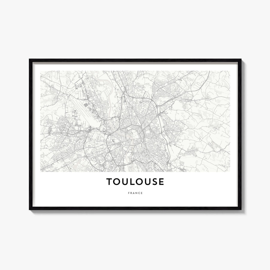Toulouse black & white map poster of France – horizontal wall art, unframed print shown in interior mockup