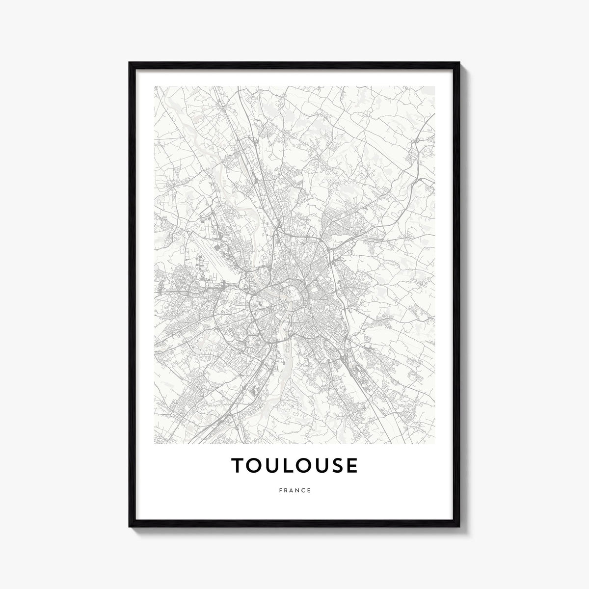Toulouse black & white map poster of France – vertical wall art, unframed print shown in interior mockup