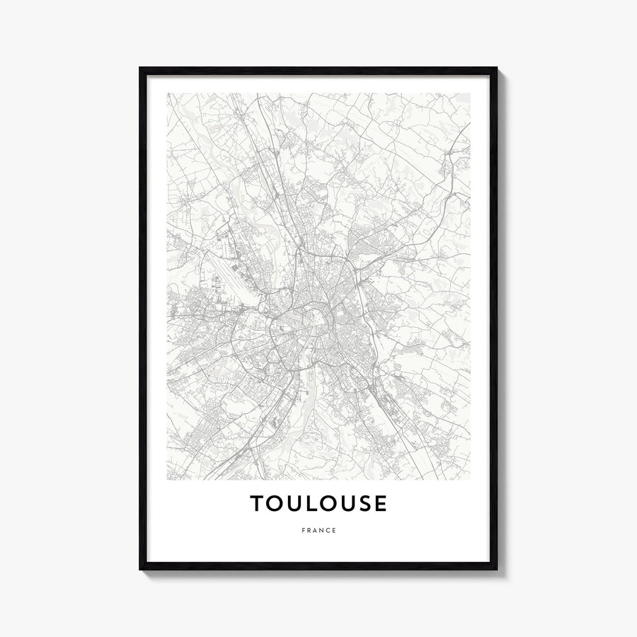 Toulouse black & white map poster of France – vertical wall art, unframed print shown in interior mockup