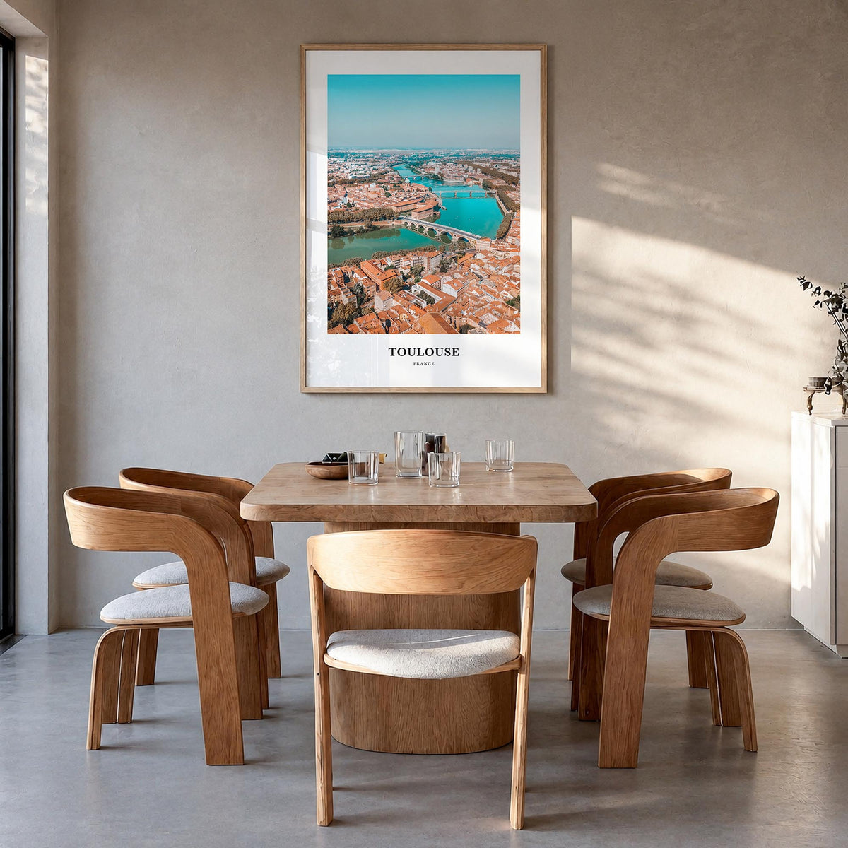 Toulouse colorful classic poster of France – vertical wall art in natural wood frame, hanging on wall