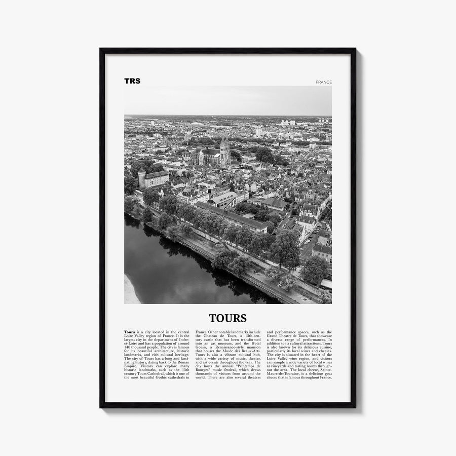 Tours black & white newspaper poster of France – vertical wall art, unframed print shown in interior mockup