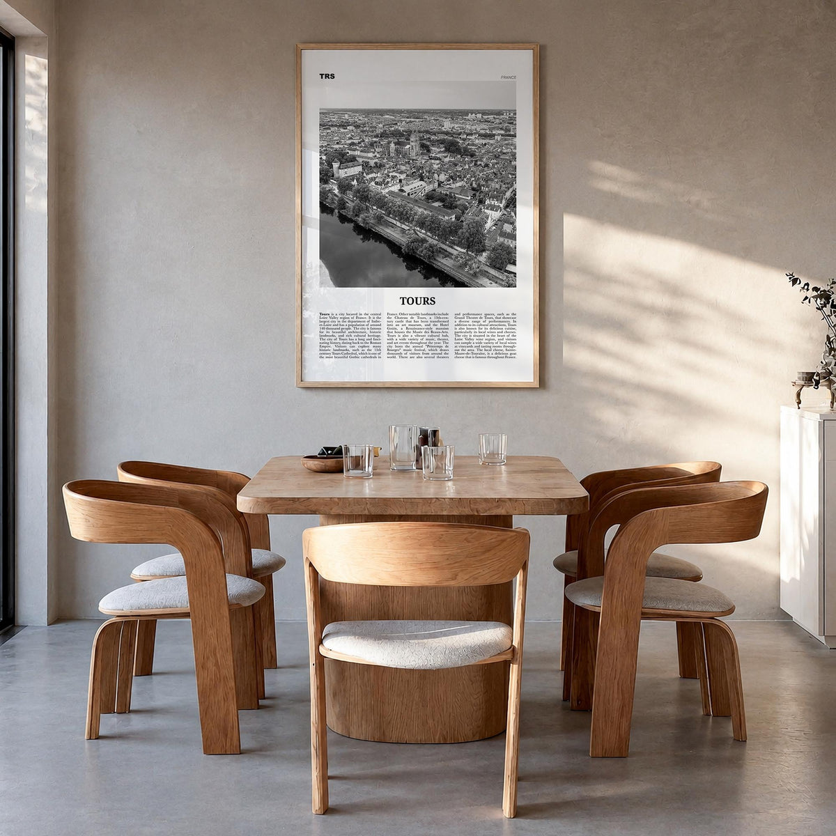 Tours black & white newspaper poster of France – vertical wall art in natural wood frame, hanging on wall