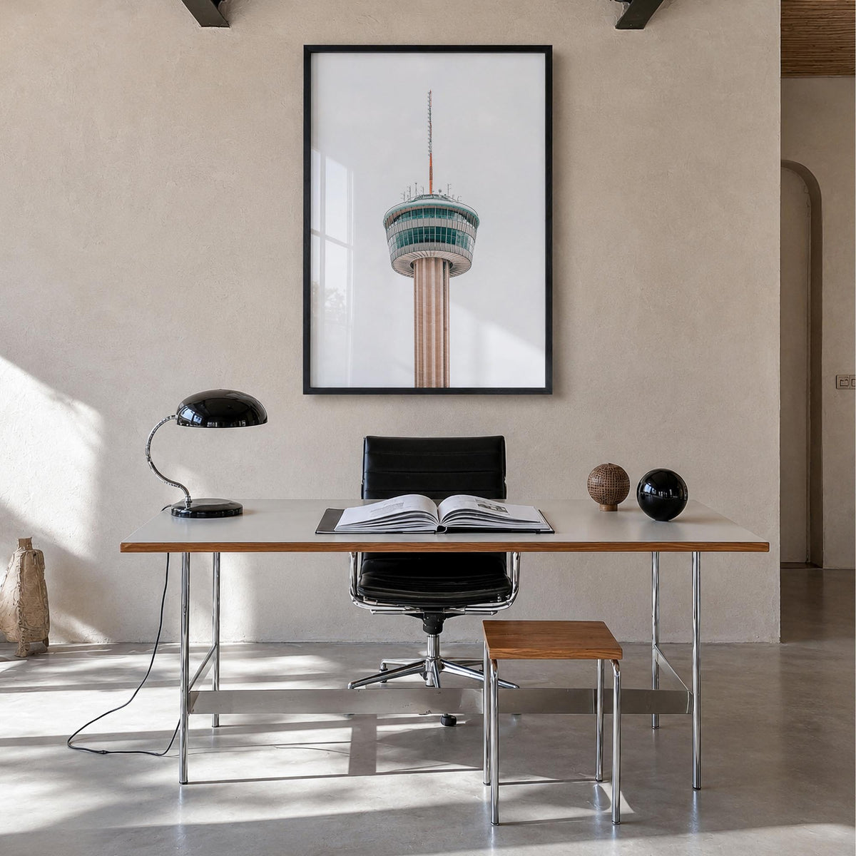 Tower of the Americas colorful photo poster – vertical wall art in black wood frame, hanging on wall