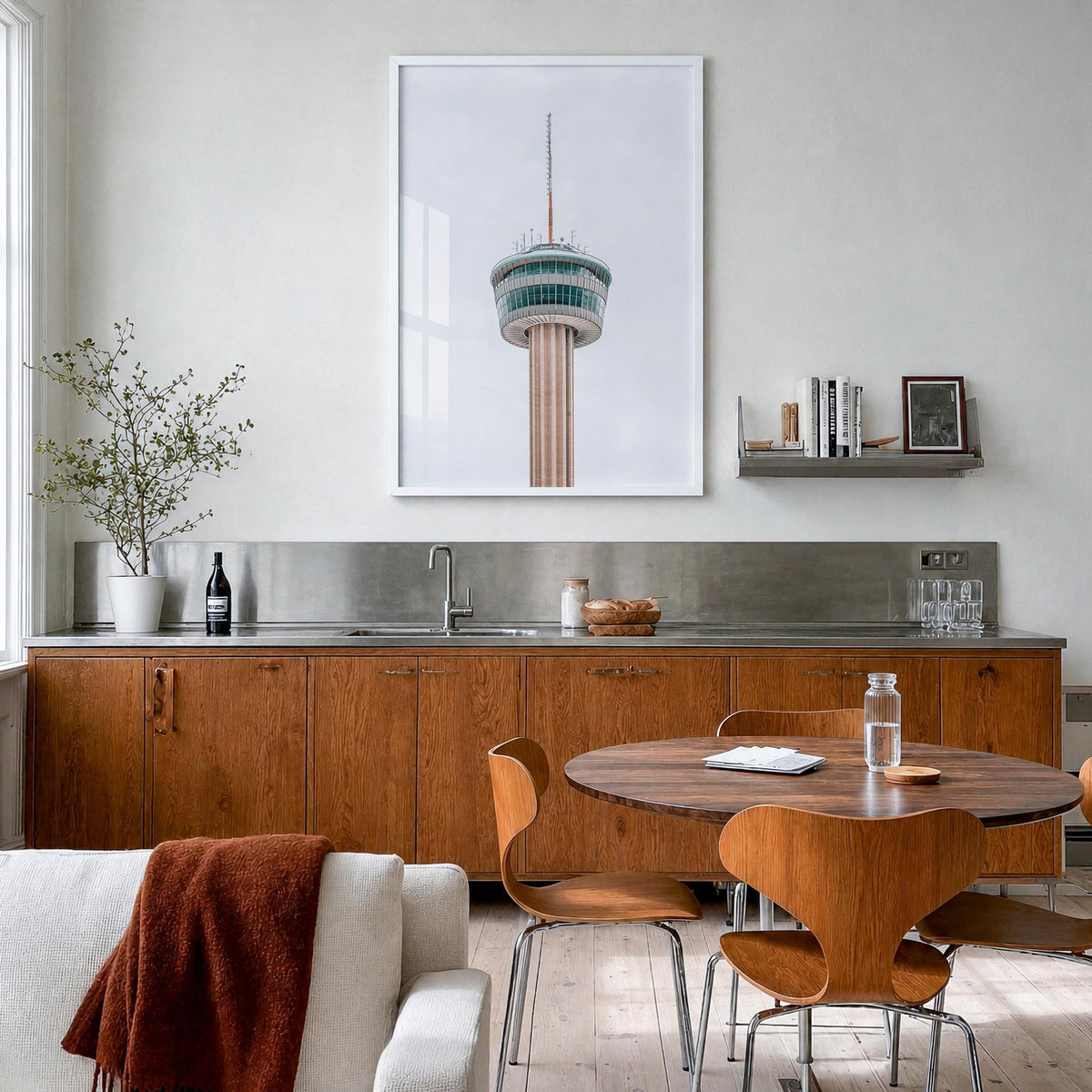 Tower of the Americas colorful photo poster – vertical wall art in white wood frame, hanging on wall