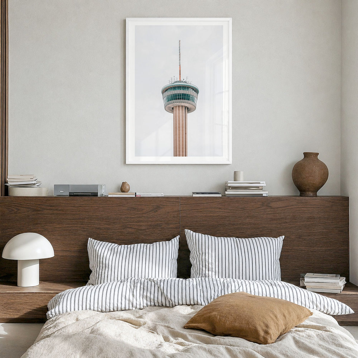 Tower of the Americas Photo Poster in a white wood frame, hanging in a bedroom, white border