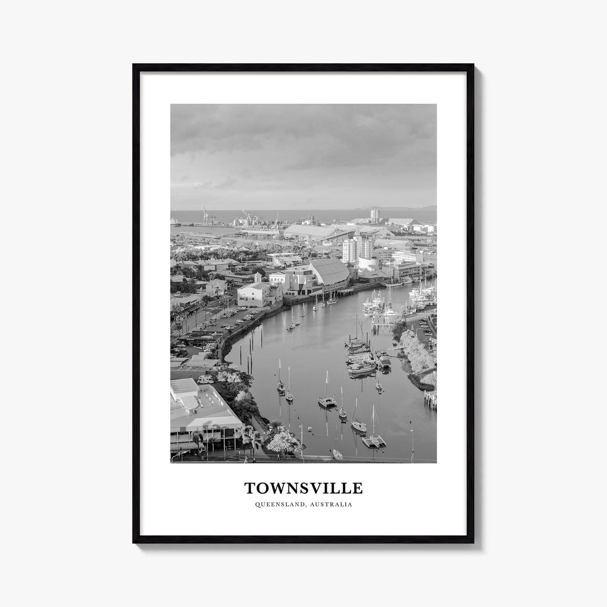 Townsville black & white classic poster of Queensland, Australia – vertical wall art, unframed print shown in interior mockup