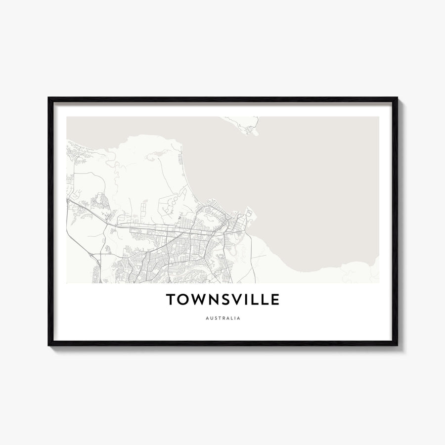 Townsville black & white map poster of Queensland, Australia – horizontal wall art, unframed print shown in interior mockup