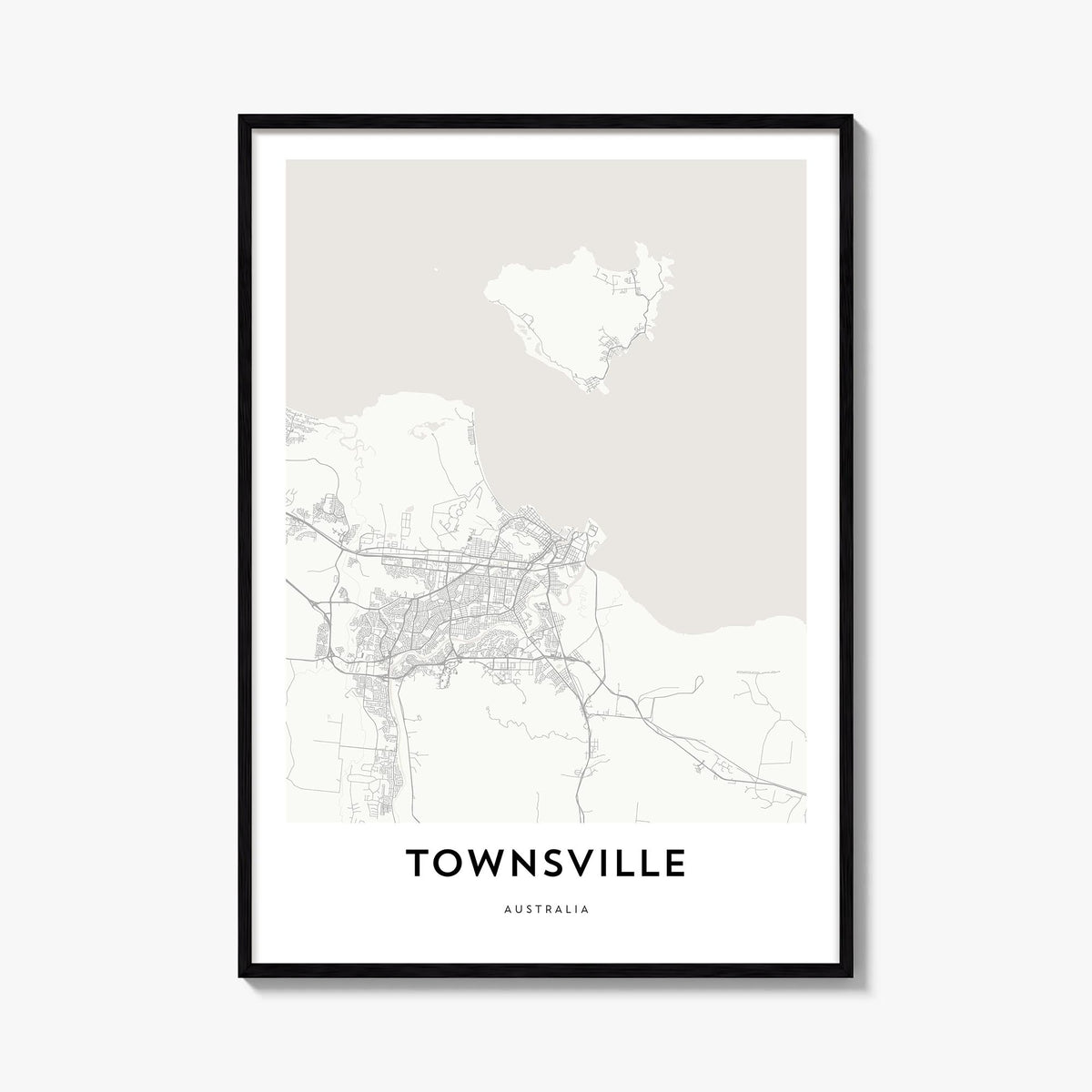 Townsville black & white map poster of Queensland, Australia – vertical wall art, unframed print shown in interior mockup