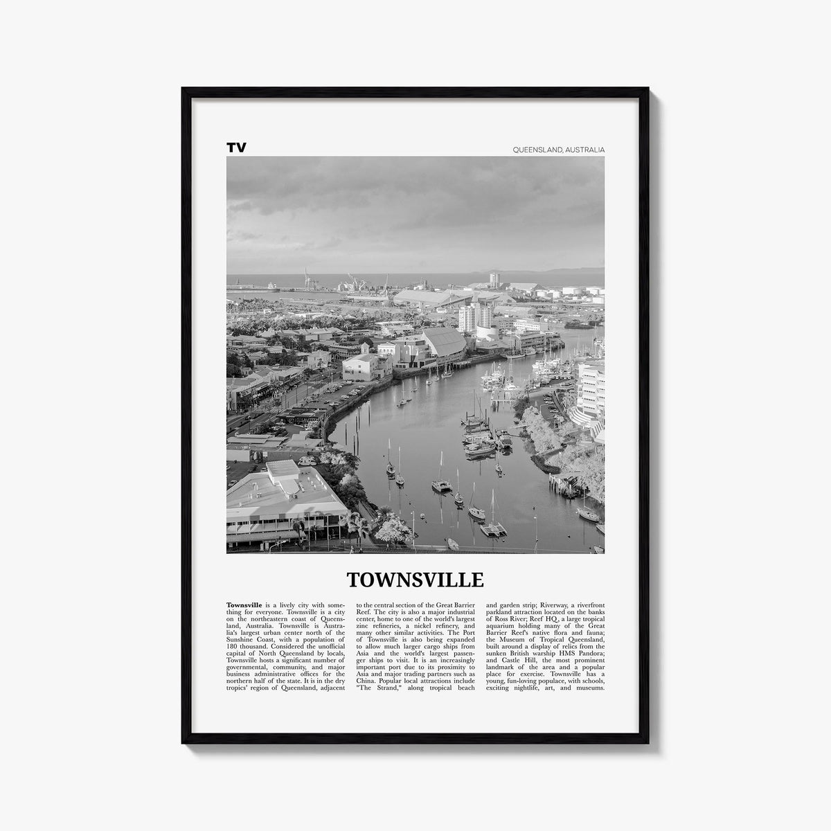 Townsville black & white newspaper poster of Queensland, Australia – vertical wall art, unframed print shown in interior mock