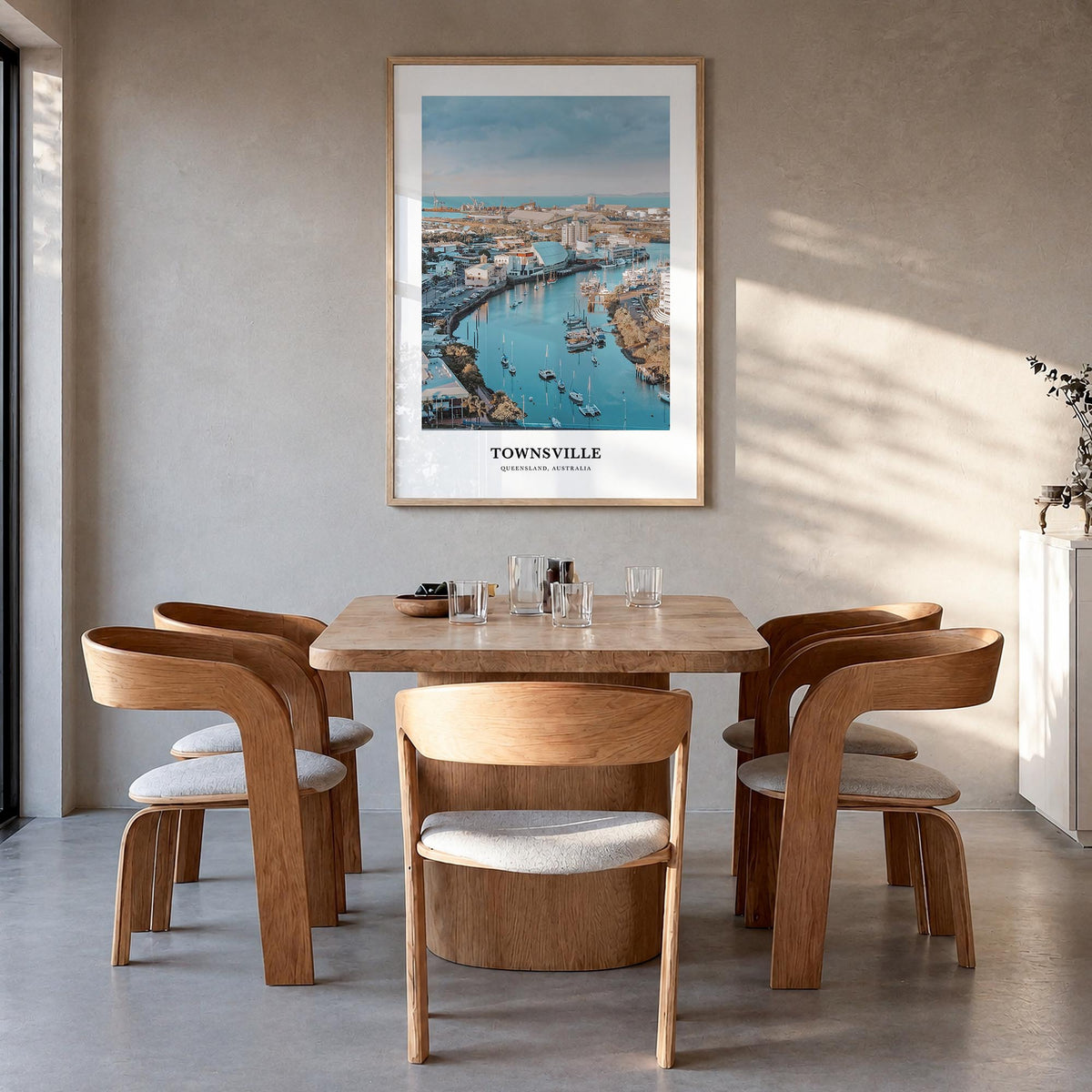Townsville colorful classic poster of Queensland, Australia – vertical wall art in natural wood frame, hanging on wall