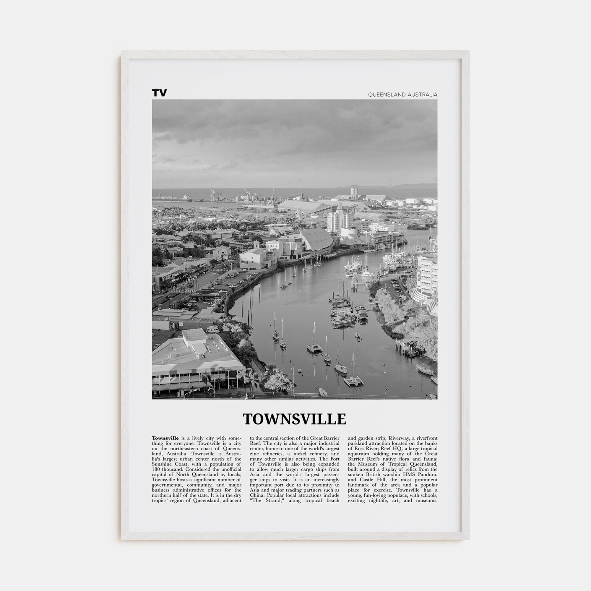 Townsville Poster White Wood / 8x12 in Nbourhood Travel B&W Poster