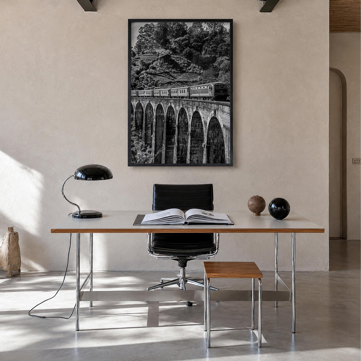 Train Arch Bridge black & white photo poster – vertical wall art in black wood frame, hanging on wall