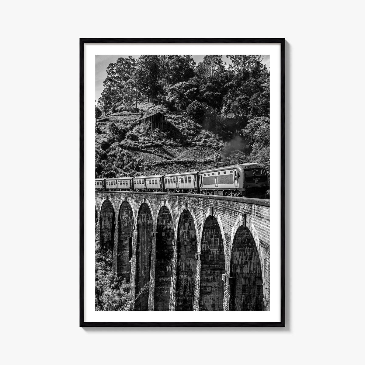 Train Arch Bridge black & white photo poster – vertical wall art, unframed print shown in interior mockup