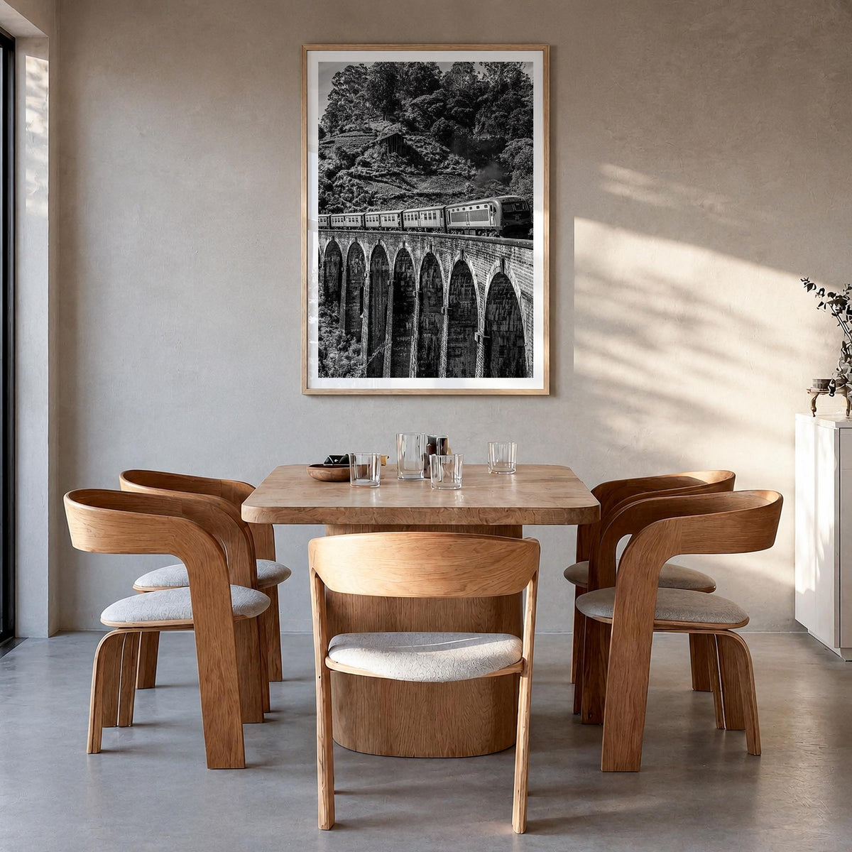 Train Arch Bridge black & white photo poster – vertical wall art in natural wood frame with white border, hanging on wall
