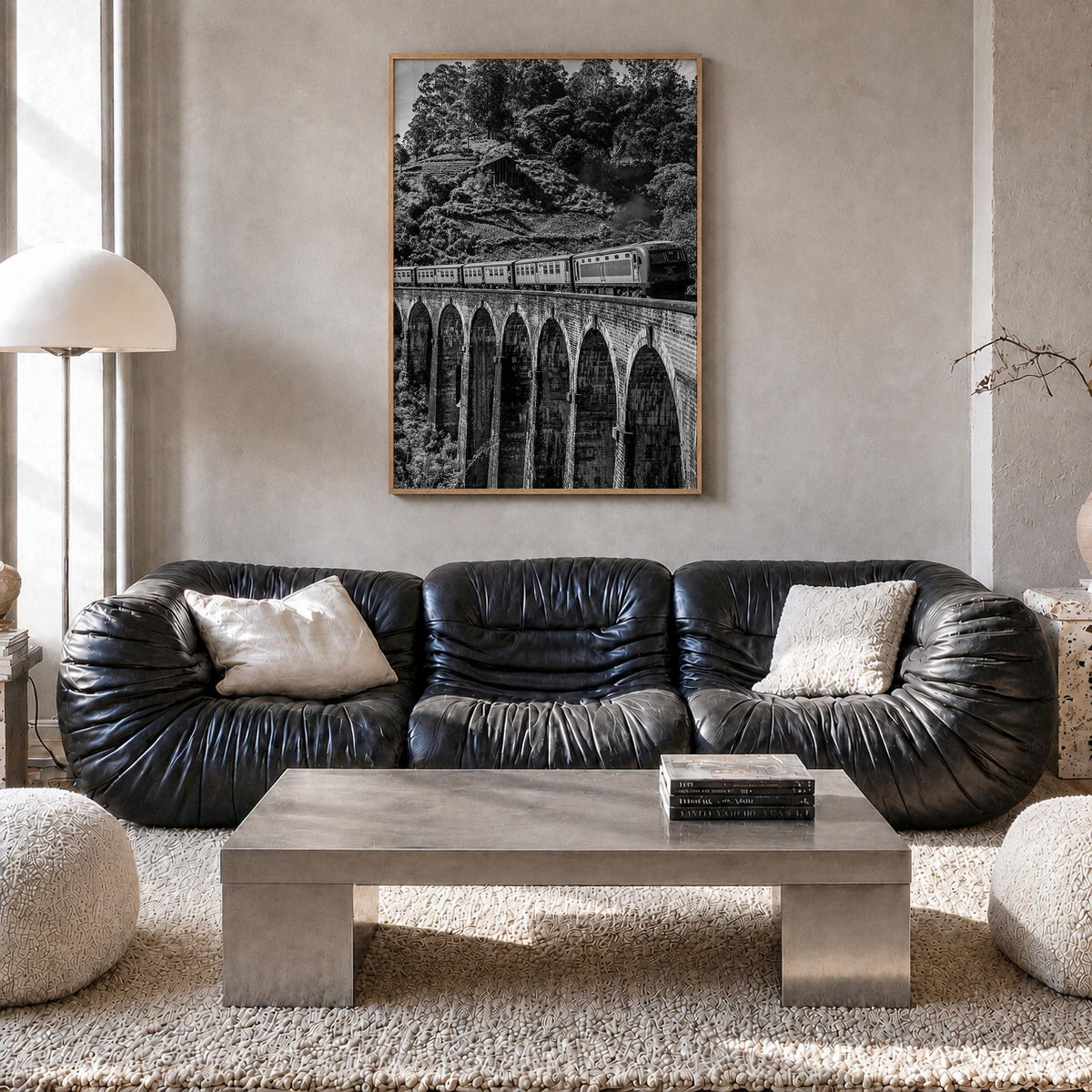 Train Arch Bridge black & white photo poster – vertical wall art in natural wood frame, hanging on wall