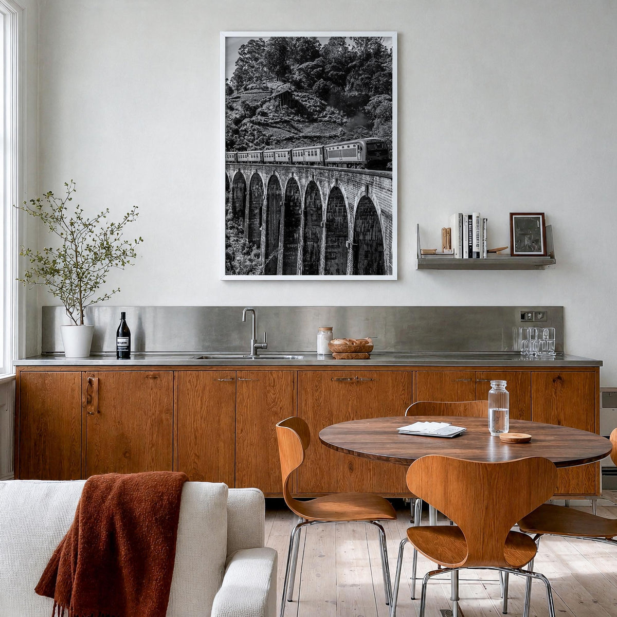 Train Arch Bridge black & white photo poster – vertical wall art in white wood frame, hanging on wall