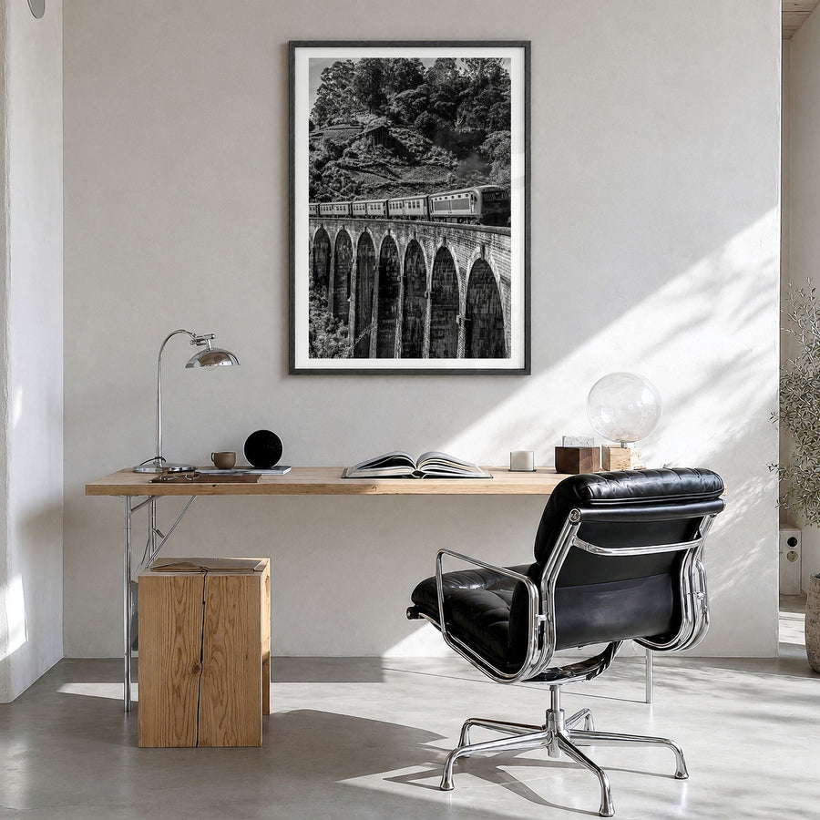 Train Arch Bridge Photo No 2 Poster in a black wood frame, hanging in a bright home office, white border