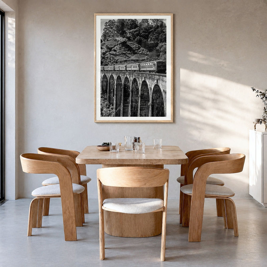 Train Arch Bridge Photo No 2 Poster in a natural wood frame, hanging in a dining room, white border