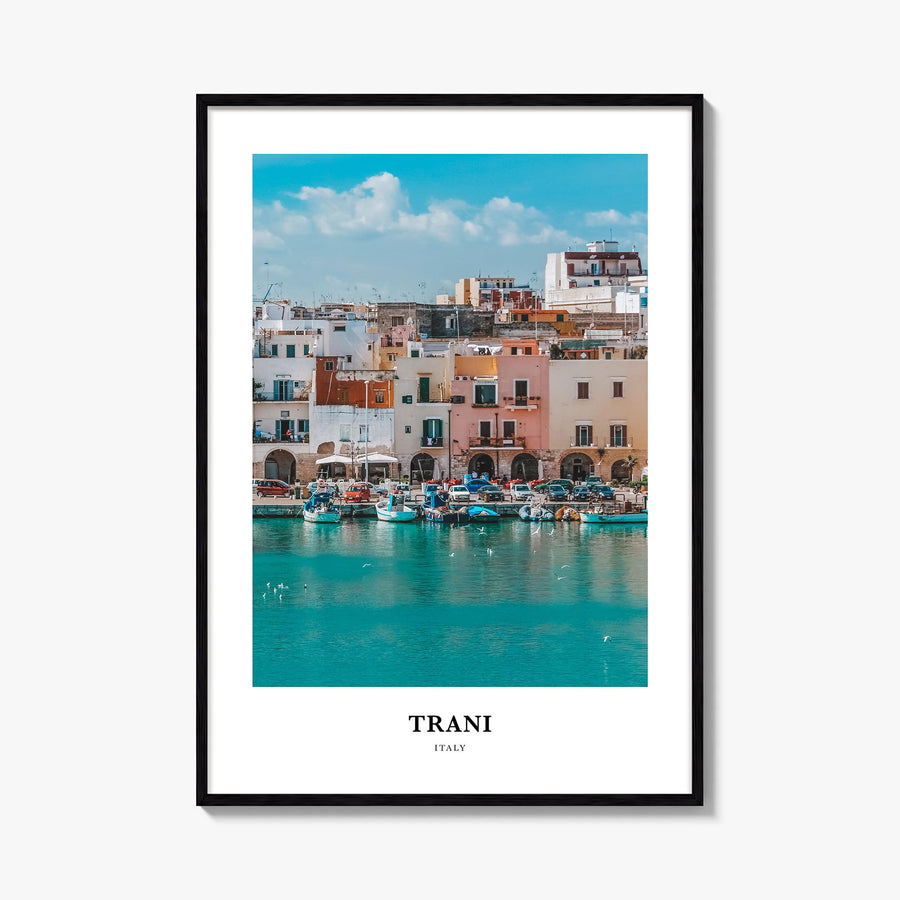 Trani colorful classic poster of Italy – vertical wall art, unframed print shown in interior mockup