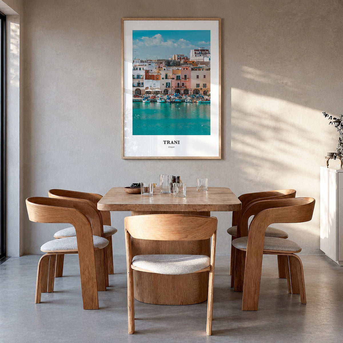 Trani colorful classic poster of Italy – vertical wall art in natural wood frame, hanging on wall