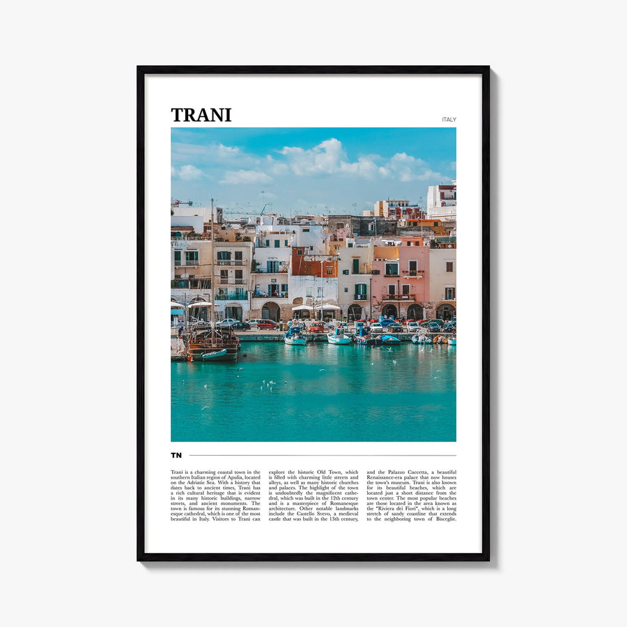 Trani colorful travel poster of Italy – vertical wall art, unframed print shown in interior mockup