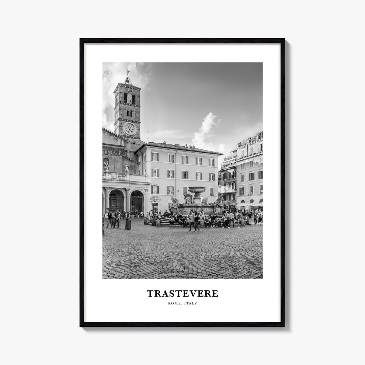 Trastevere black & white classic poster of Rome, Italy – vertical wall art, unframed print shown in interior mockup