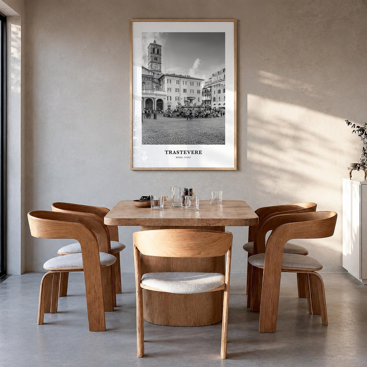 Trastevere black & white classic poster of Rome, Italy – vertical wall art in natural wood frame, hanging on wall