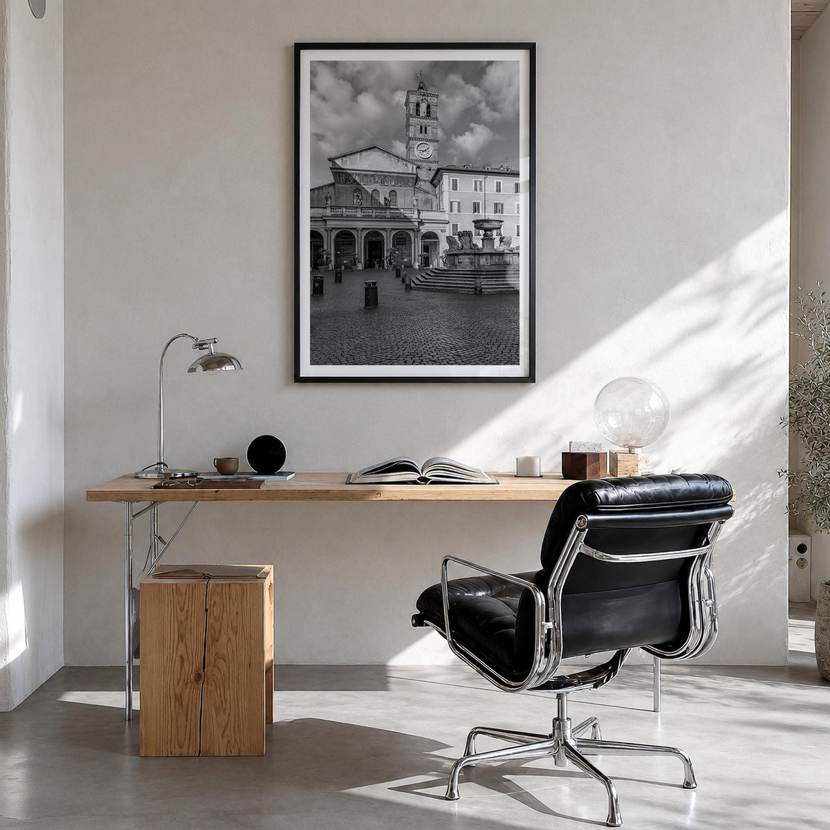 Trastevere black & white photo poster of Rome, Italy – vertical wall art in black wood frame with white border, hanging on wa
