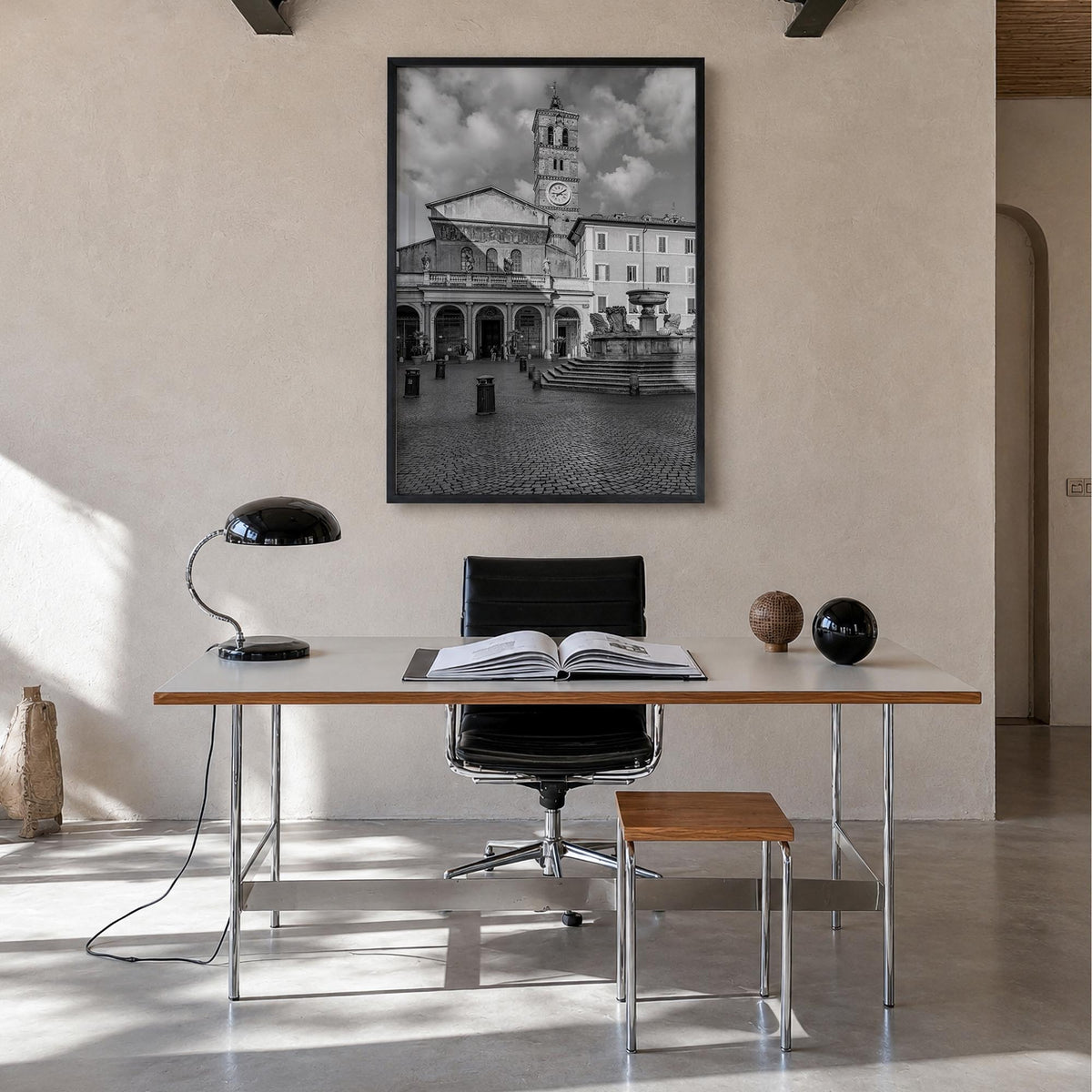Trastevere black & white photo poster of Rome, Italy – vertical wall art in black wood frame, hanging on wall