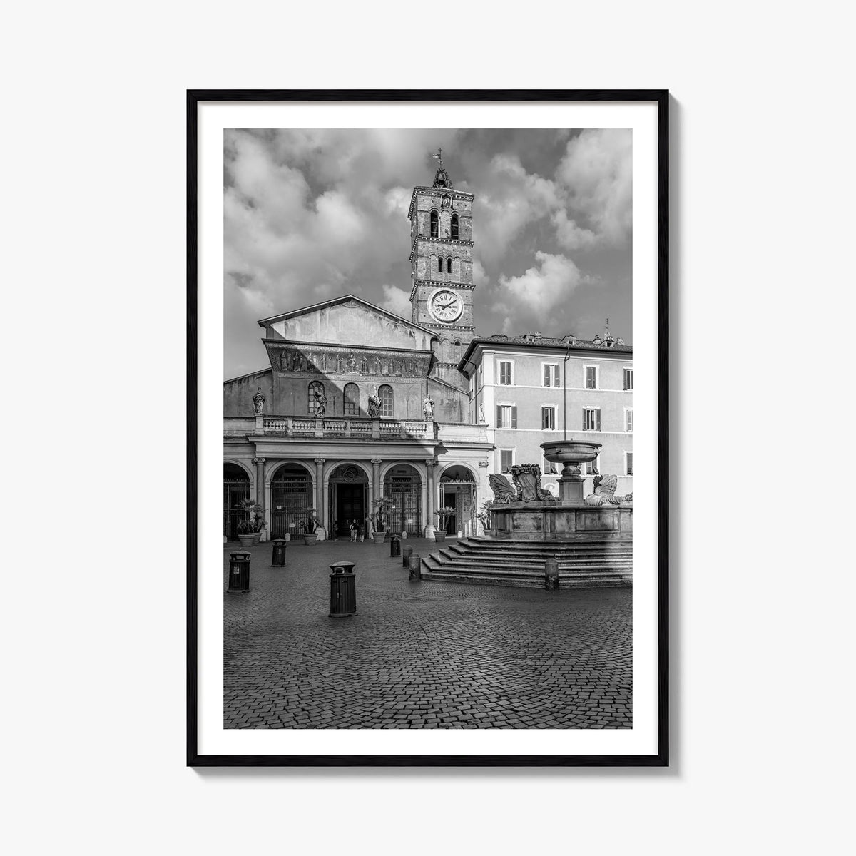 Trastevere black & white photo poster of Rome, Italy – vertical wall art, unframed print shown in interior mockup