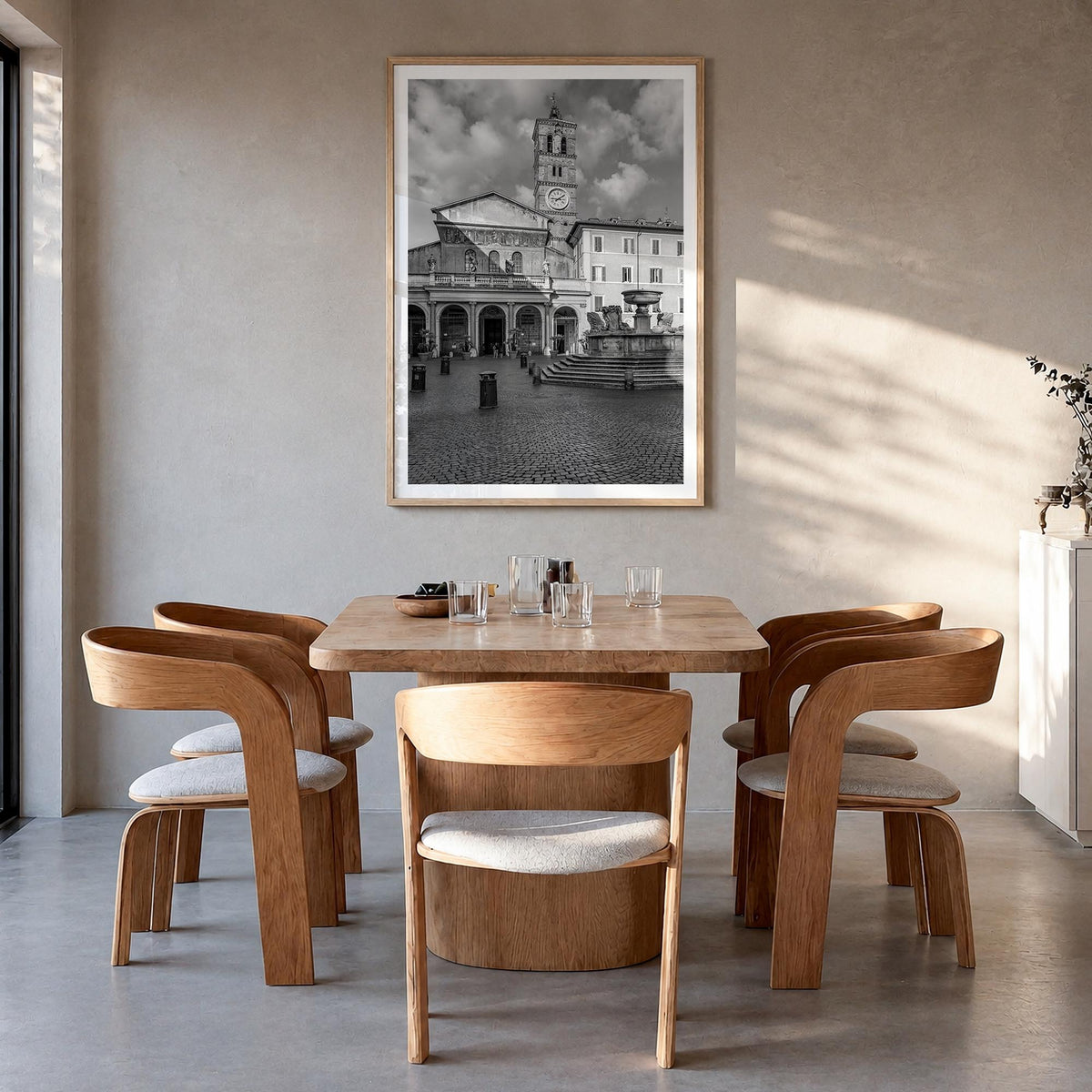 Trastevere black & white photo poster of Rome, Italy – vertical wall art in natural wood frame with white border, hanging on 