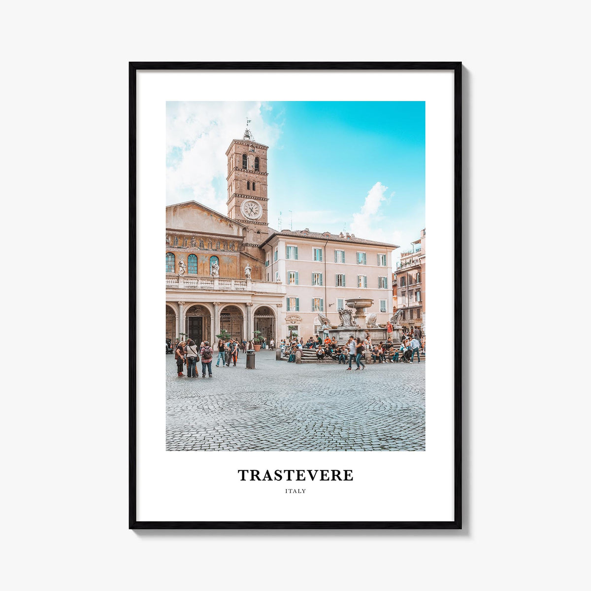 Trastevere colorful classic poster of Rome, Italy – vertical wall art, unframed print shown in interior mockup