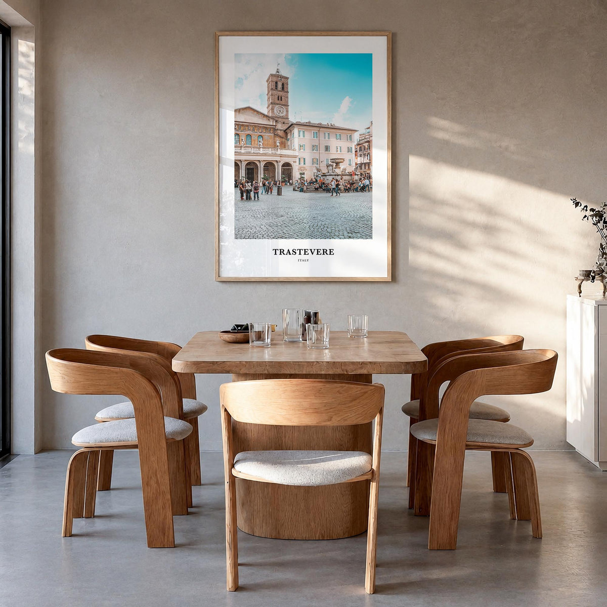 Trastevere colorful classic poster of Rome, Italy – vertical wall art in natural wood frame, hanging on wall