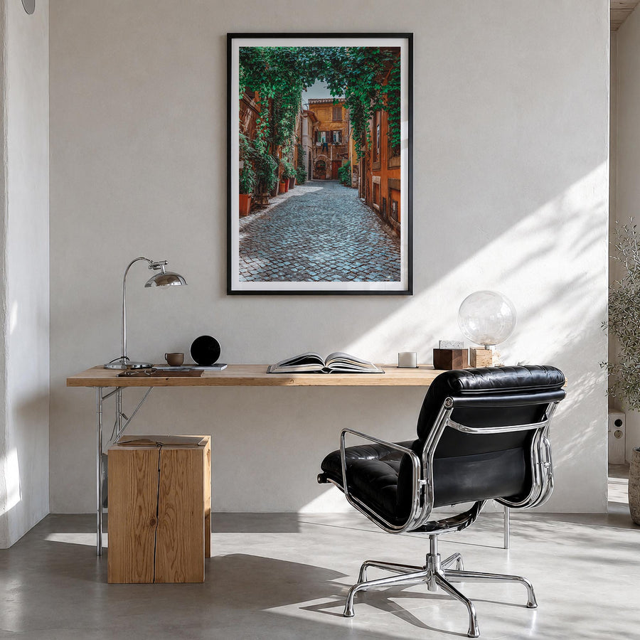 Trastevere colorful photo poster of Rome, Italy – vertical wall art in black wood frame with white border, hanging on wall