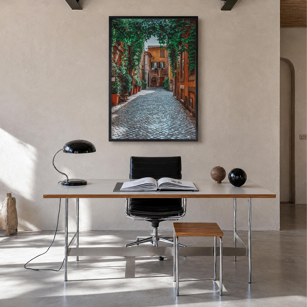 Trastevere colorful photo poster of Rome, Italy – vertical wall art in black wood frame, hanging on wall
