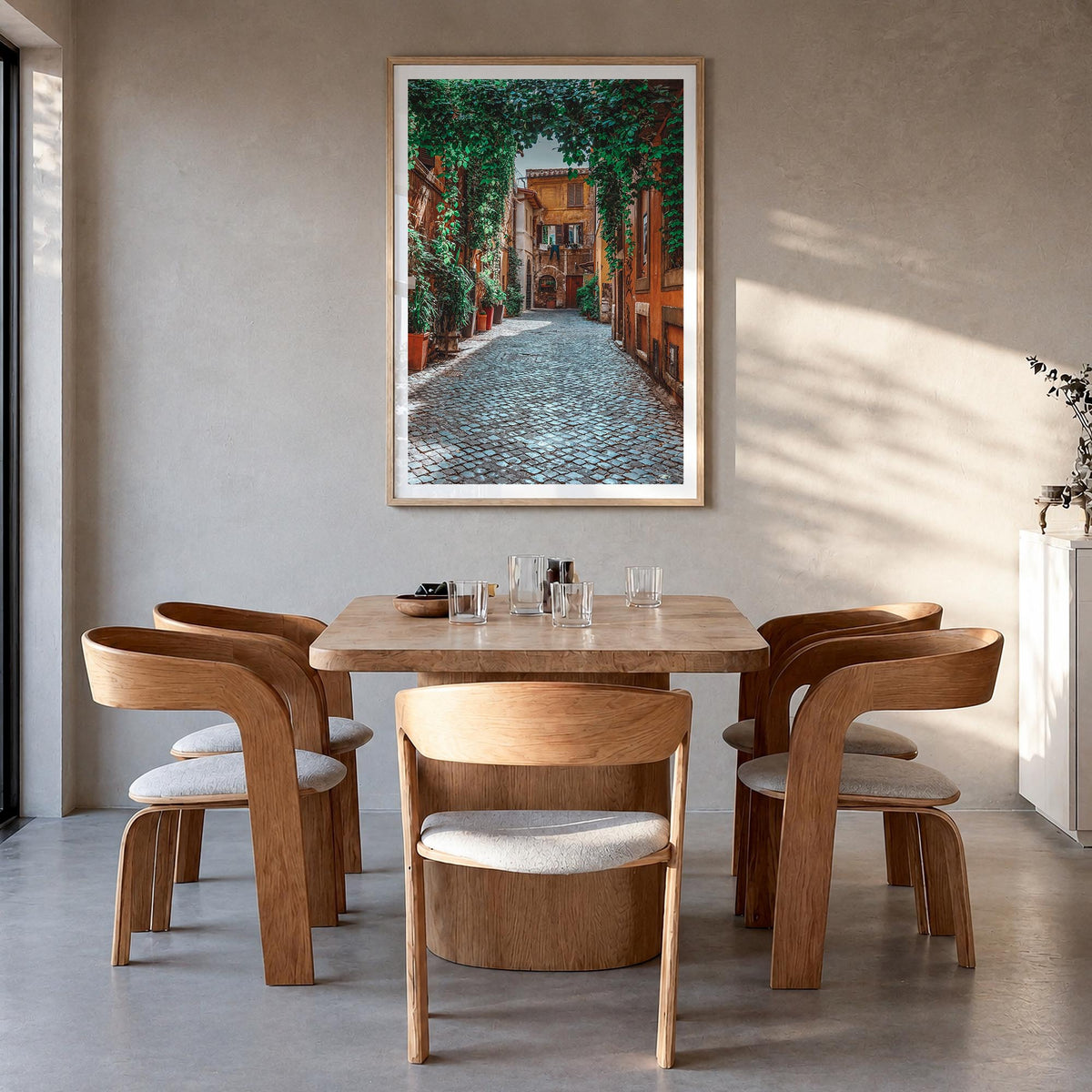 Trastevere colorful photo poster of Rome, Italy – vertical wall art in natural wood frame with white border, hanging on wall