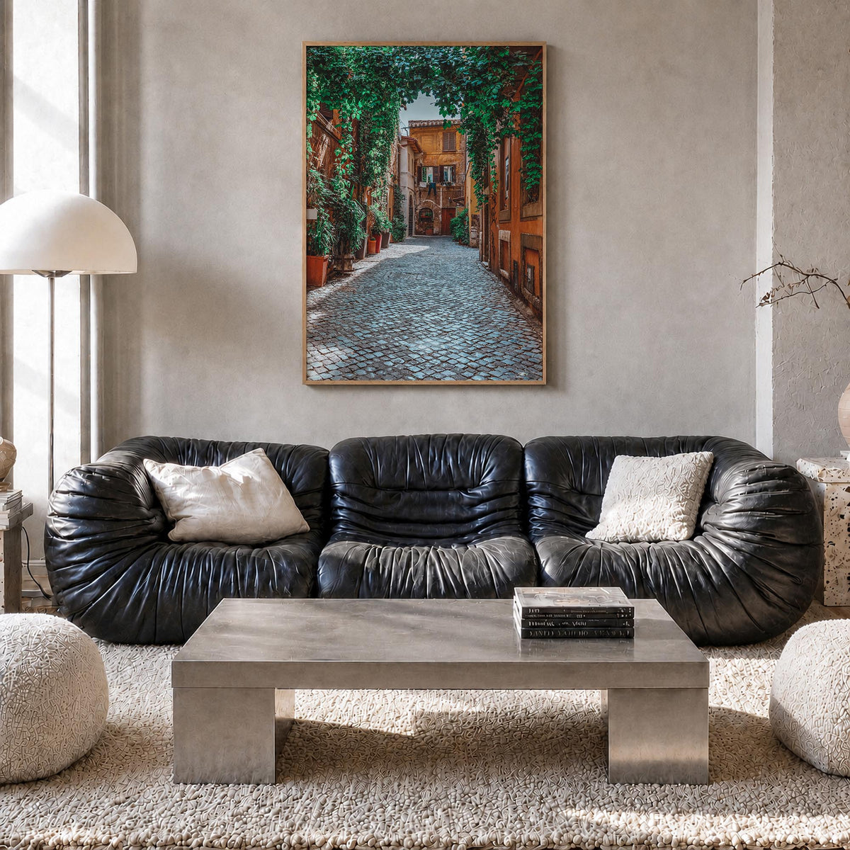 Trastevere colorful photo poster of Rome, Italy – vertical wall art in natural wood frame, hanging on wall
