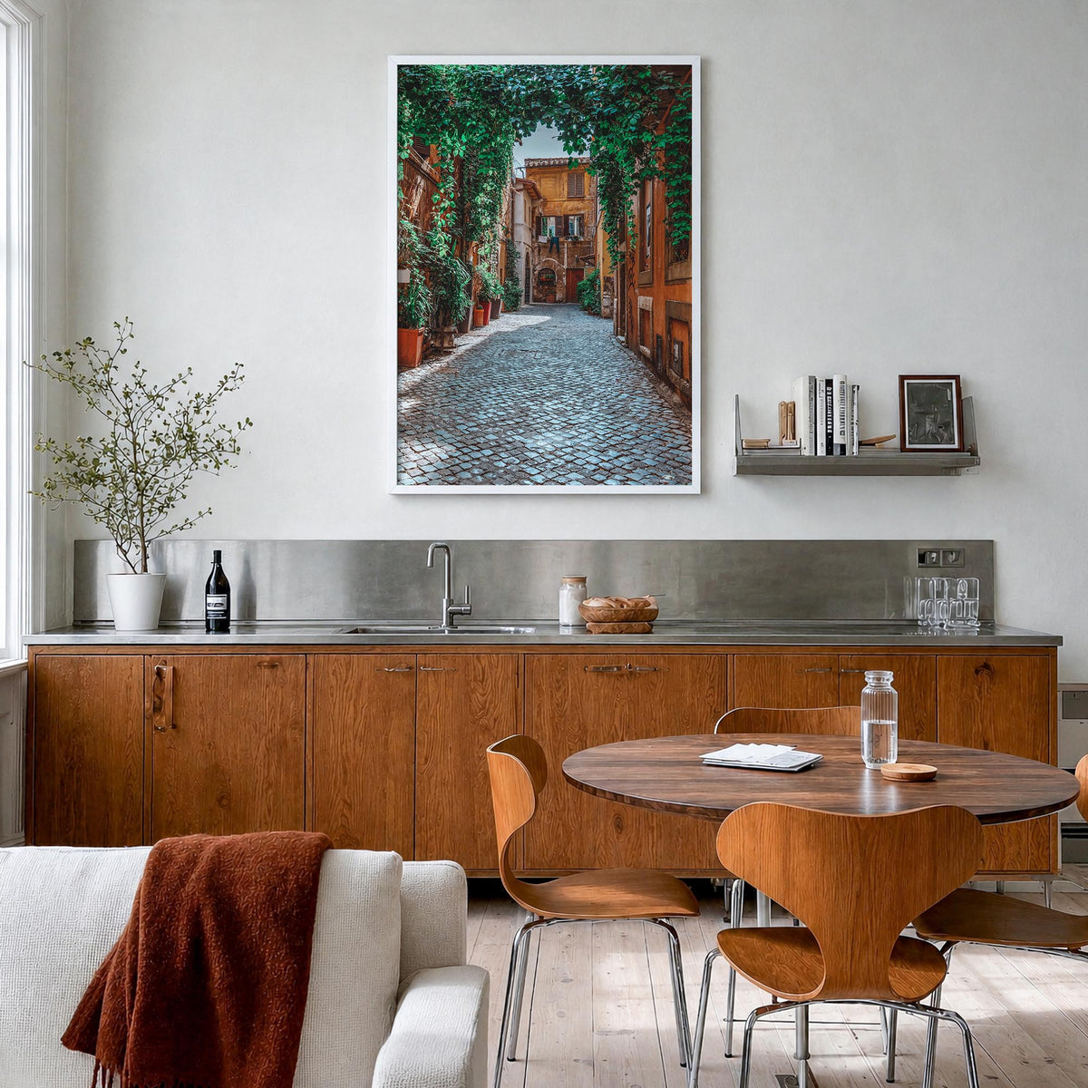Trastevere colorful photo poster of Rome, Italy – vertical wall art in white wood frame, hanging on wall