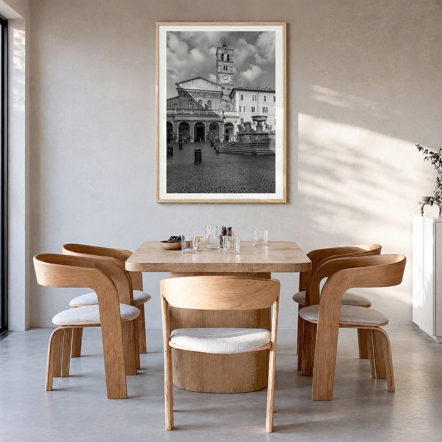 Trastevere Photo Poster in a natural wood frame, hanging in a dining room, white border