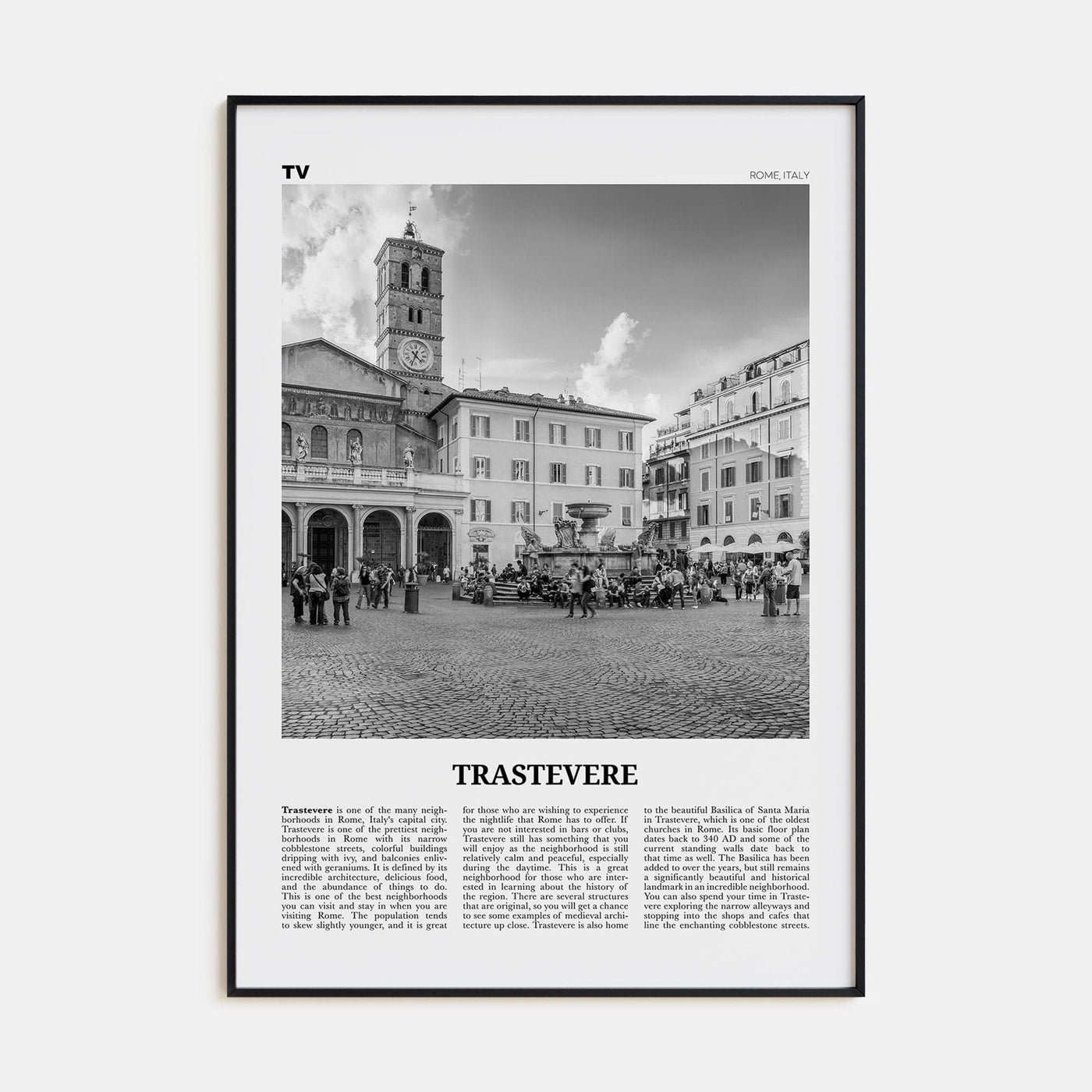 Trastevere Poster Black Metal / 8x12 in Nbourhood Travel B&W Poster