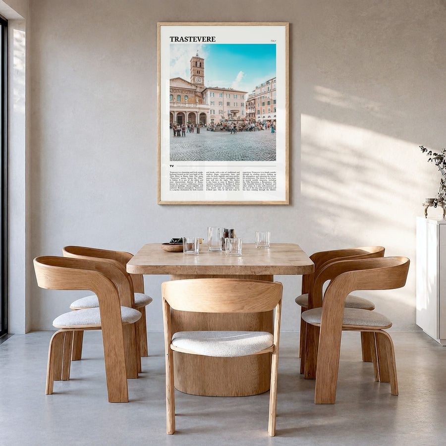 Trastevere Travel Poster in a natural wood frame, hanging in a dining room