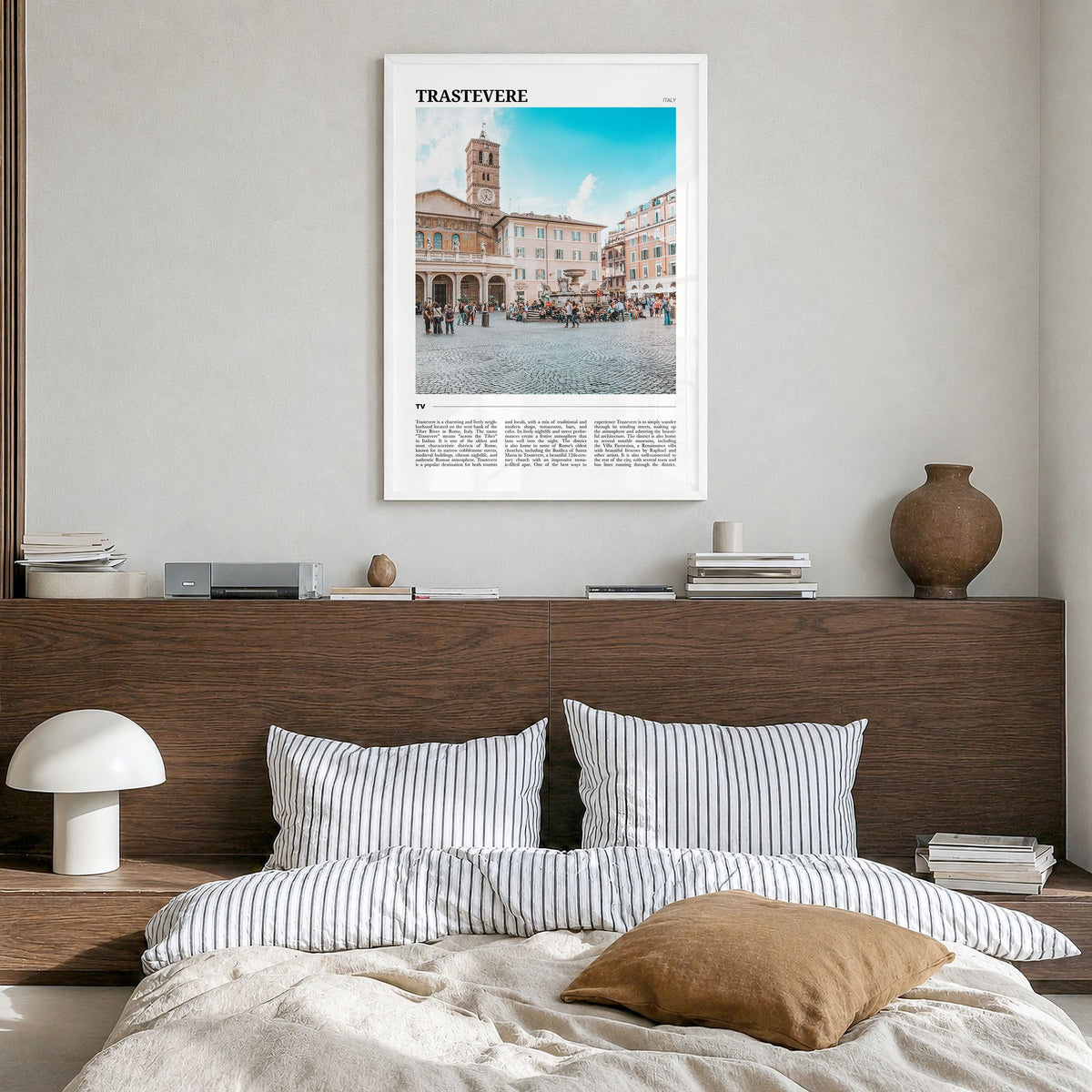 Trastevere Travel Poster in a white wood frame, hanging in a bedroom