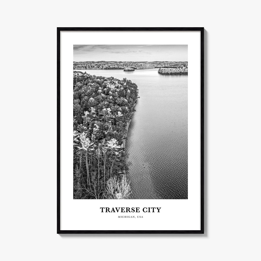Traverse City black & white classic poster of Michigan, USA – vertical wall art, unframed print shown in interior mockup