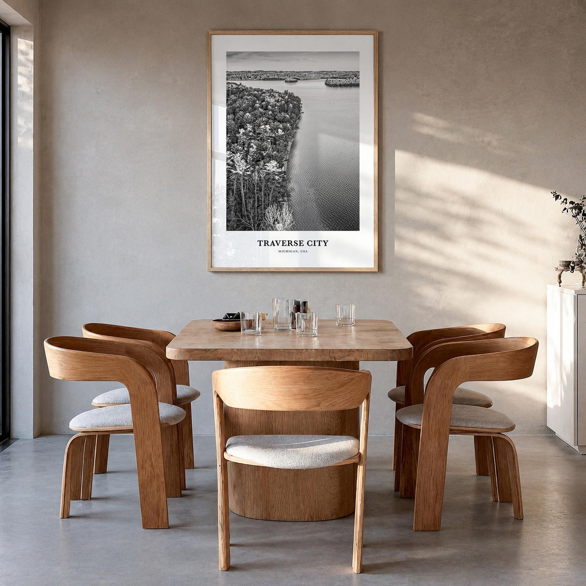 Traverse City black & white classic poster of Michigan, USA – vertical wall art in natural wood frame, hanging on wall