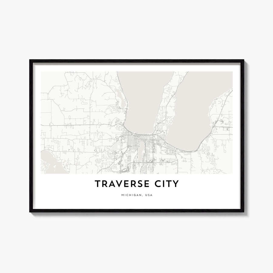 Traverse City black & white map poster of Michigan, USA – horizontal wall art, unframed print shown in interior mockup