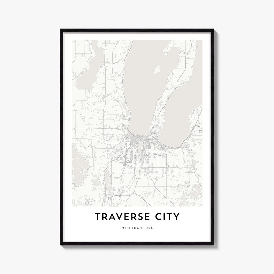 Traverse City black & white map poster of Michigan, USA – vertical wall art, unframed print shown in interior mockup